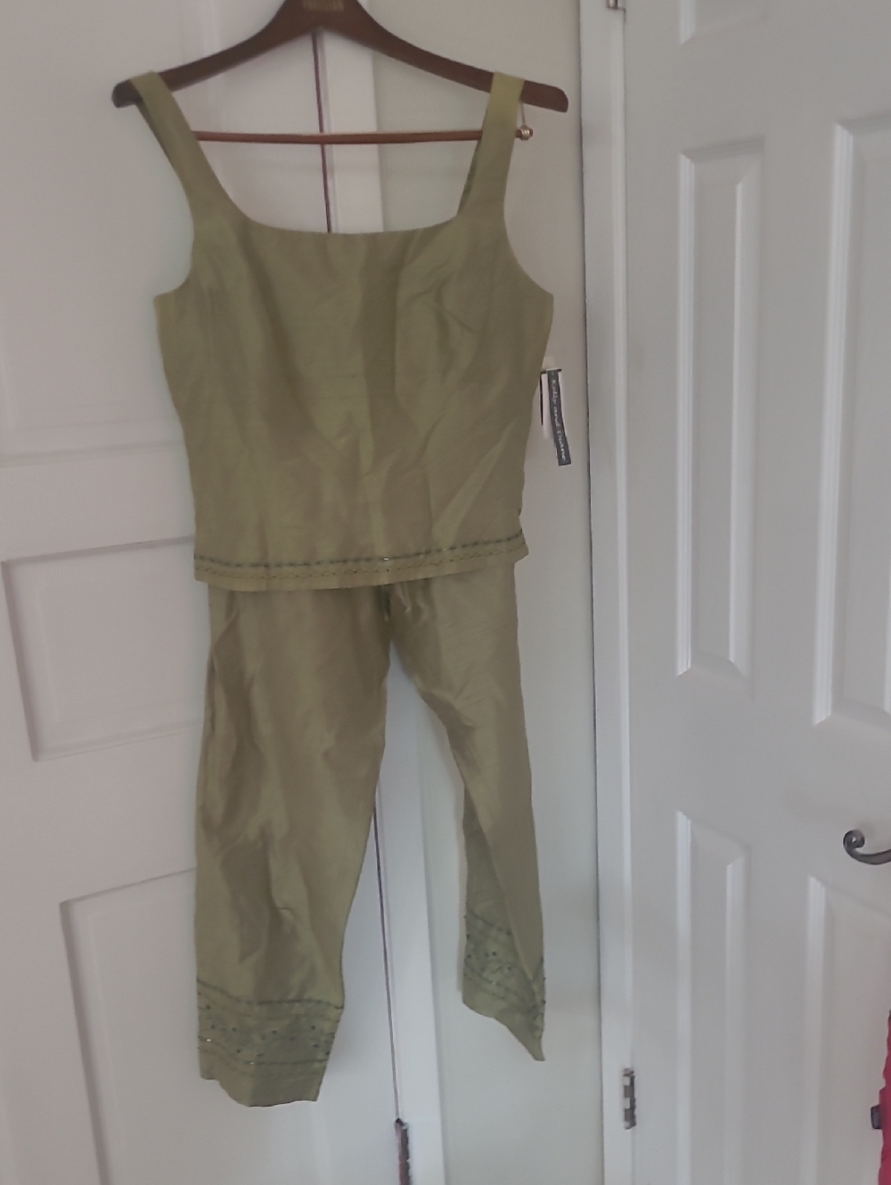 100% Raw Silk Kelly & Diane Vintage  Olive Green Two-Piece Jumpsuit Set